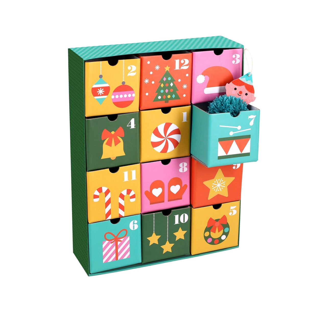 Craft your way to Christmas with the 12 Crafts of Christmas Advent Calendar. Countdown to December 25th with a daily craft surprise! Inside each of the twelve drawers is a fun and easy festive project a child can complete independently, or you can share the experience together.
Every day, a little one can slide open one of the drawers to reveal a felt or pom-pom activity.