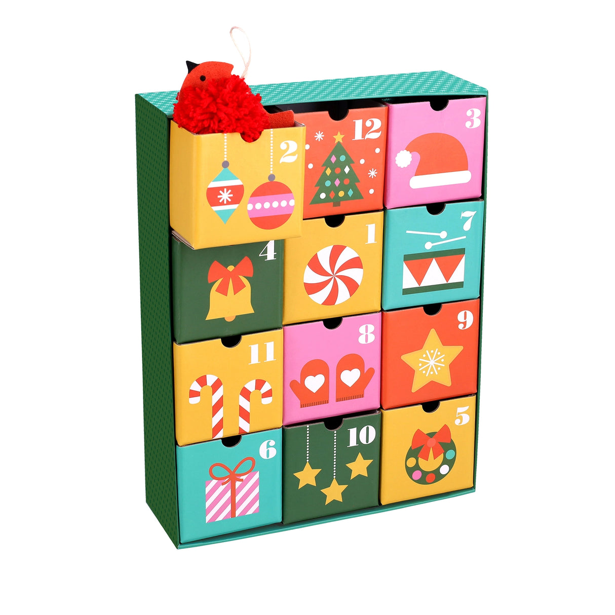 Craft your way to Christmas with the 12 Crafts of Christmas Advent Calendar. Countdown to December 25th with a daily craft surprise! Inside each of the twelve drawers is a fun and easy festive project a child can complete independently, or you can share the experience together.
Every day, a little one can slide open one of the drawers to reveal a felt or pom-pom activity.