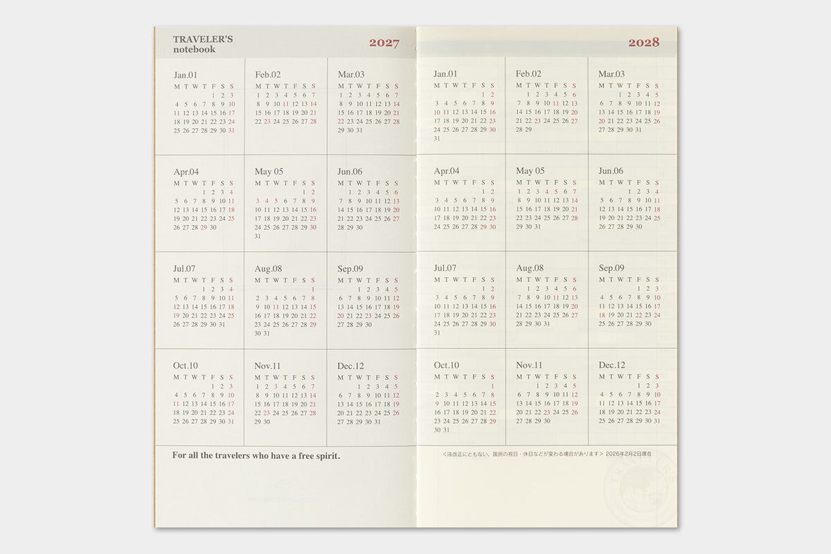 TRAVELER'S notebook 2027 Monthly Diary (Regular Size)
Welcome the upcoming year in high spirits with TRAVELER'S notebook 2027 Diary lineup where each notebook becomes unique by adding your personal flare!