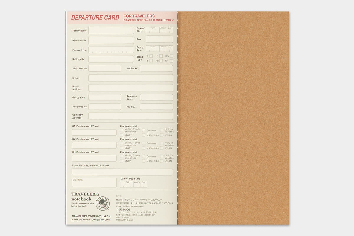 TRAVELER'S notebook 2027 Monthly Diary (Regular Size)
Welcome the upcoming year in high spirits with TRAVELER'S notebook 2027 Diary lineup where each notebook becomes unique by adding your personal flare!