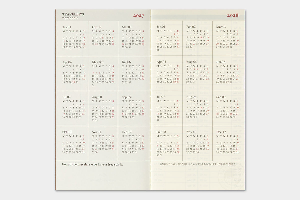 TRAVELER'S notebook 2027 Weekly + Memo Diary (Regular Size)
Welcome the upcoming year in high spirits with TRAVELER'S notebook 2027 Diary lineup where each notebook becomes unique by adding your personal flare!