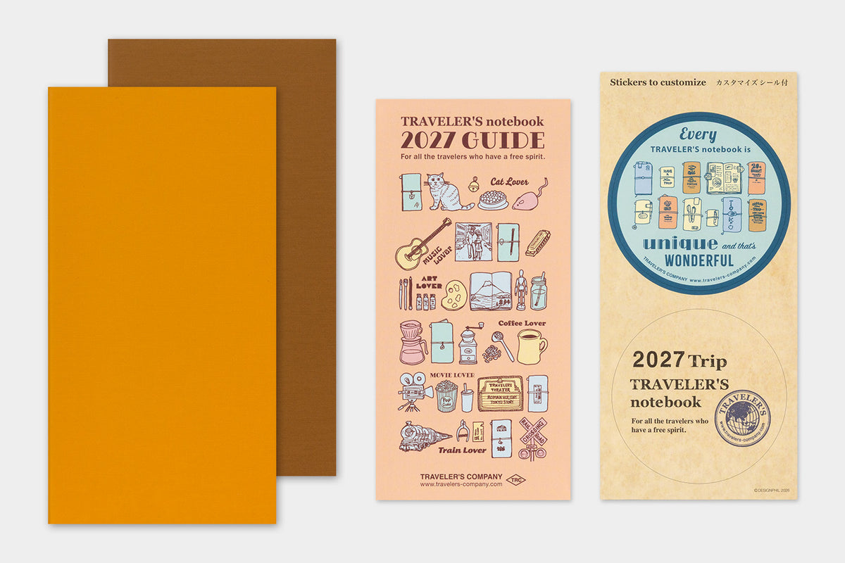 TRAVELER'S notebook 2027 Weekly Vertical Diary (Regular Size)
Welcome the upcoming year in high spirits with TRAVELER'S notebook 2027 Diary lineup where each notebook becomes unique by adding your personal flare!