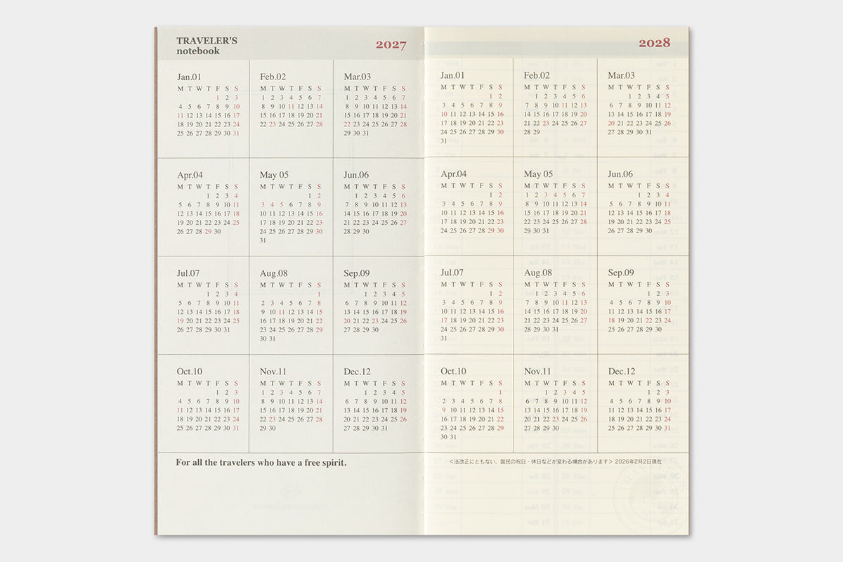 TRAVELER'S notebook 2027 Weekly Vertical Diary (Regular Size)
Welcome the upcoming year in high spirits with TRAVELER'S notebook 2027 Diary lineup where each notebook becomes unique by adding your personal flare!