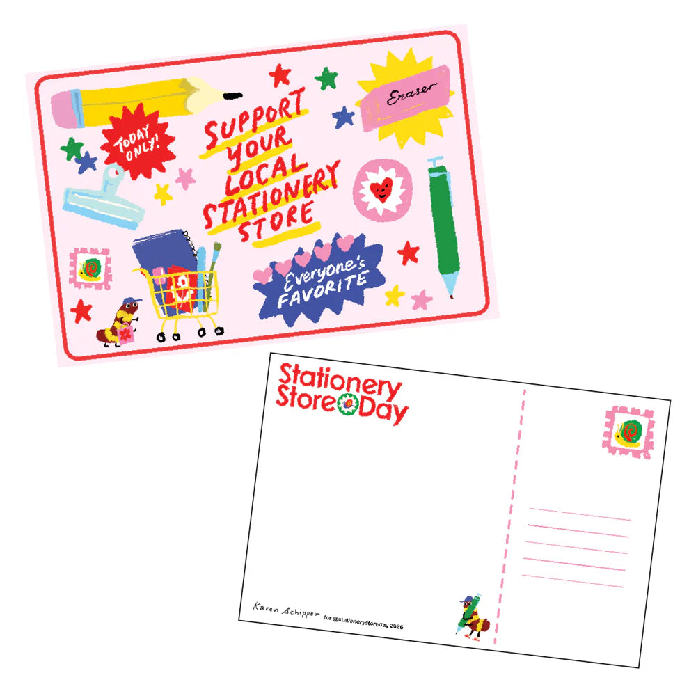 Stationery Store Day 2026
Postcards with 2026 poster art by Karen Schipper.
4" x 6"
Matte front, uncoated back
Artwork property of Karen Schipper