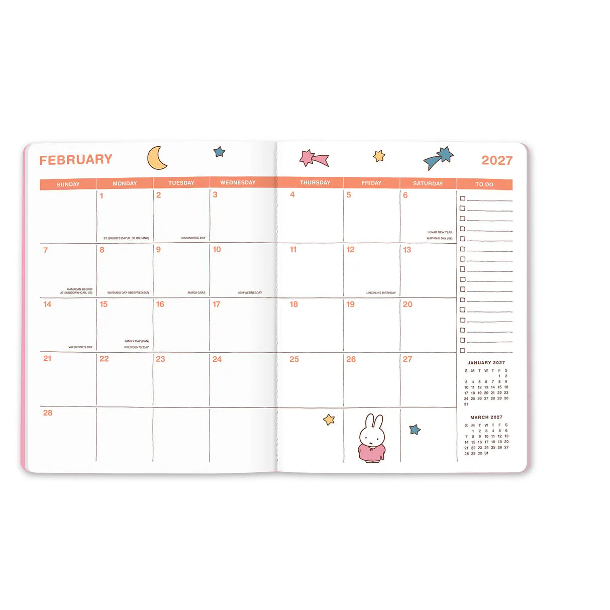 Plan the year with Miffy by your side! This slim 17-month planner (Aug. 2026–Dec. 2027) features monthly planning pages, full-color illustrations, tear-out shopping and to-do lists, and a handy interior pocket. A brass-and-enamel Miffy bookmark adds a charming touch while keeping your place with ease.
• 7.5"w × 9.75"h
• 17 months (Aug. 2026–Dec. 2027)
• 48 pages; 120 gsm acid-free FSC®-certified paper
• Softcover; Center-sewn binding
• Brass and enamel bookmark
• Elastic band closure
© Mercis bv