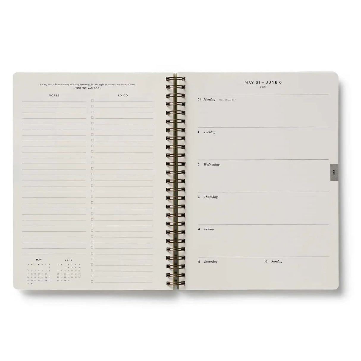 This extended, 17-month version of our softcover spiral planner features a printed bookcloth cover with gold foil detailing. In addition to weekly and monthly views, the planner includes space for weekly notes, a list of celebrations, and pockets for storage.
DETAILS
Printed in full color with foil stamped year
Natural white text paper interior
August 2026-December 2027
Monthly and weekly views
Space for notes for each week
List of celebrations
Pockets for storage
Spiral bound
6.25" W x 8.5" L