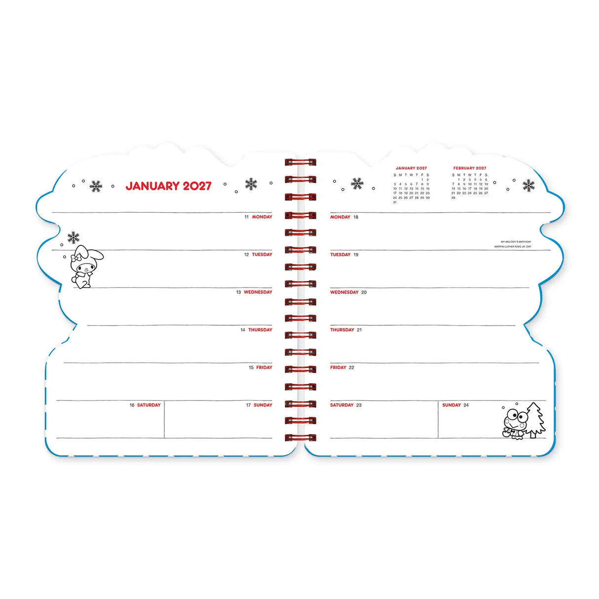 With Hello Kitty® and Friends by your side, all things are possible! This 17-month planner (Aug. 2026–Dec. 2027) features weekly planning pages filled with supercute artwork, plus extra notes pages, a two-year reference calendar, and a holiday list—everything you need to stay organized and inspired all year.
• 7.5"w × 8.5"h
• 17 months (Aug. 2026–Dec. 2027)
• 160 pages; 100 gsm acid-free FSC®-certified paper
• Softcover; Twin-ring wire-o binding
© 2026 SANRIO CO., LTD. Used Under License.