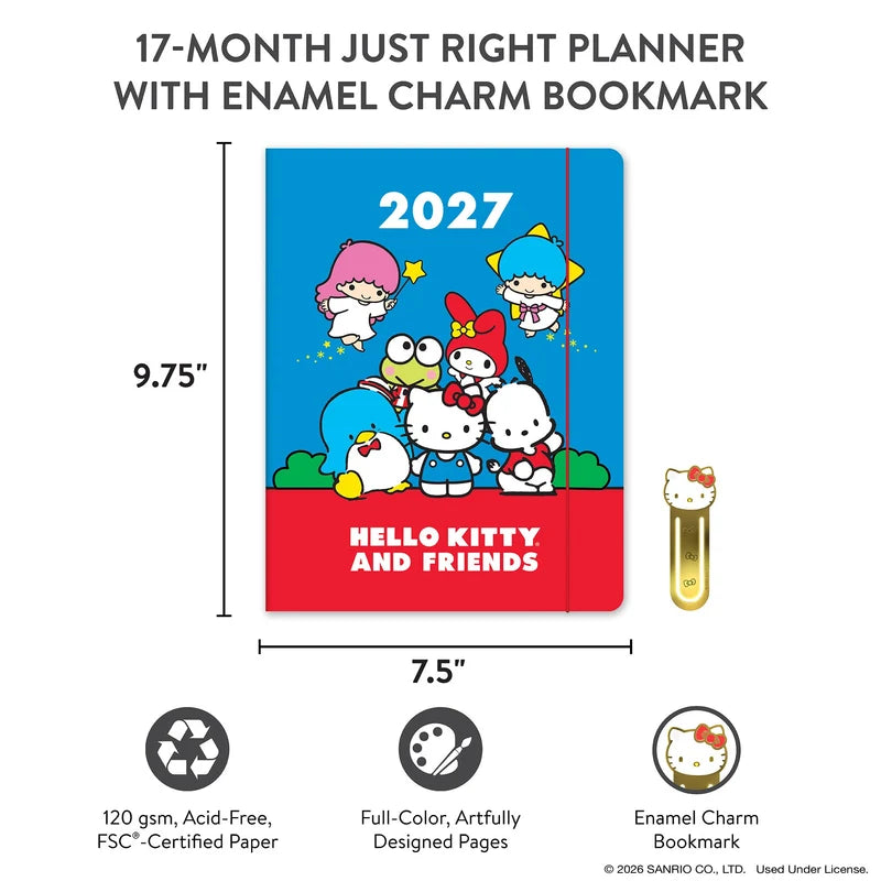 2027 Hello Kitty® and Friends Retro Just Right Monthly Planner
Plan your year alongside Hello Kitty and Friends with the slim Just Right Monthly Planner (Aug. 2026–Dec. 2027). Inside, you’ll find monthly planning pages, full-color illustrations, tear-out shopping and to-do lists, and a convenient interior pocket. Plus, it comes with a brass-and-enamel Hello Kitty bookmark for extra cuteness and easy organization!
• 7.5"w × 9.75"h
• 17 months (Aug. 2026–Dec. 2027)
• 48 pages; 120 gsm acid-free FSC®-certifi