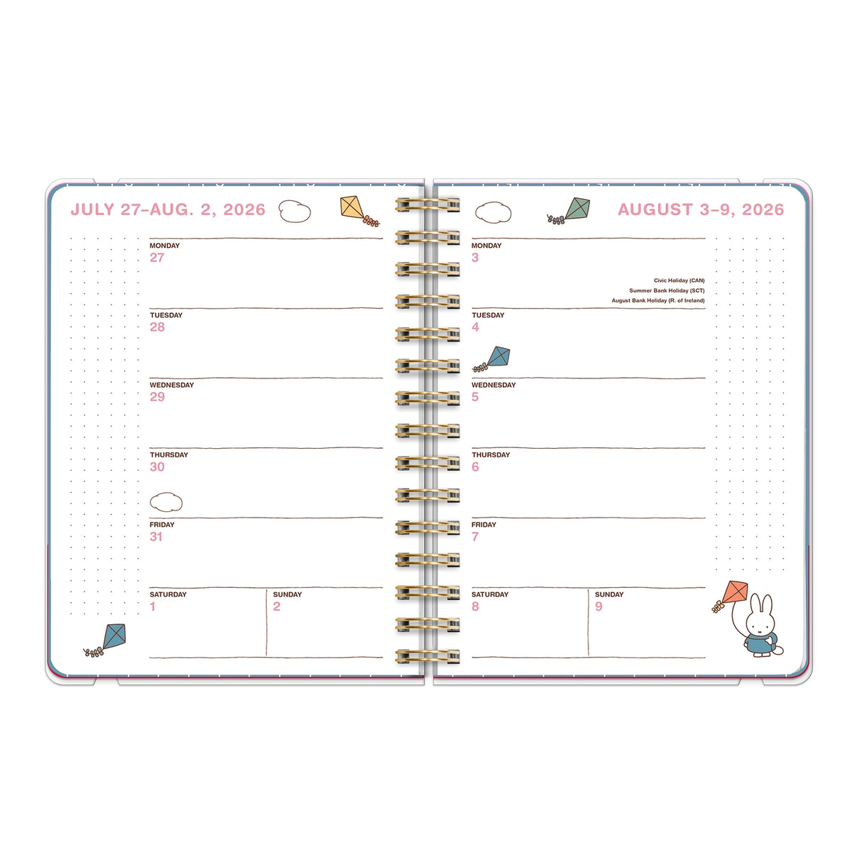 Whether you're jotting down big dreams or small reminders, Miffy is here to keep you inspired all year. This petite 17-month planner (Aug. 2026–Dec. 2027) offers convenient monthly and weekly planning pages with plenty of space to capture important dates and to-dos. Full-color artwork, extra notes pages, and a secure elastic closure make this a must-have all-in-one organizing tool!
• 5.7"w × 7.6"h
• 17 months (Aug. 2026–Dec. 2027)
• 128 pages; 100 gsm acid-free FSC®-certified paper
• Softcover; Twin-rin