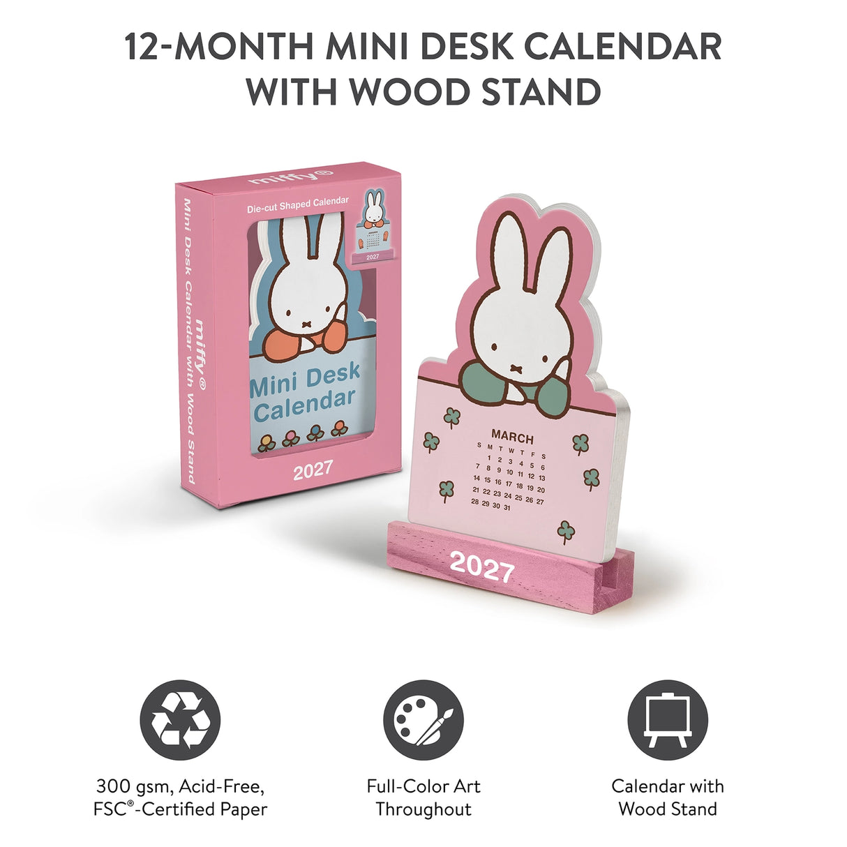 Welcome the new year with this adorable Miffy Desk Calendar (Jan.–Dec. 2027). Each month is printed on a sturdy, die-cut card featuring the iconic bunny in pastel colors and seasonal artwork. Place the current month on the included wooden stand for a sweet, simple calendar reference you’ll enjoy all year long.
• Box: 3.75"w x 5.25"h
• 12 months (Jan.–Dec. 2027)
• 13 sheets; 300 gsm acid-free, FSC®-certified paper
• Shrink-wrapped in paper box
• Includes sturdy wood stand
© Mercis bv
