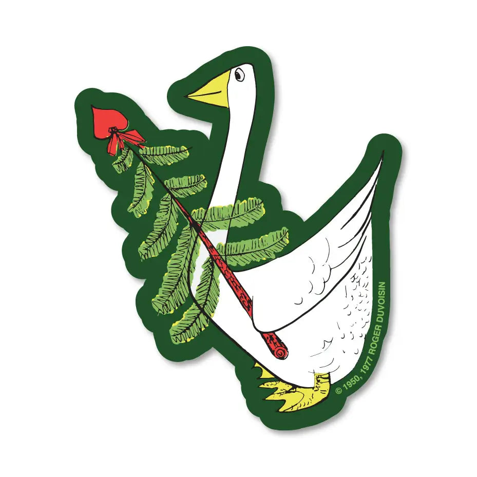 This vinyl sticker features a Petunia® Christmas motif in green tones, proudly made in the U.S.A. from Three Potato Four. Easy to apply to surfaces, it adds a decorative, retro-style touch to gifts and items.