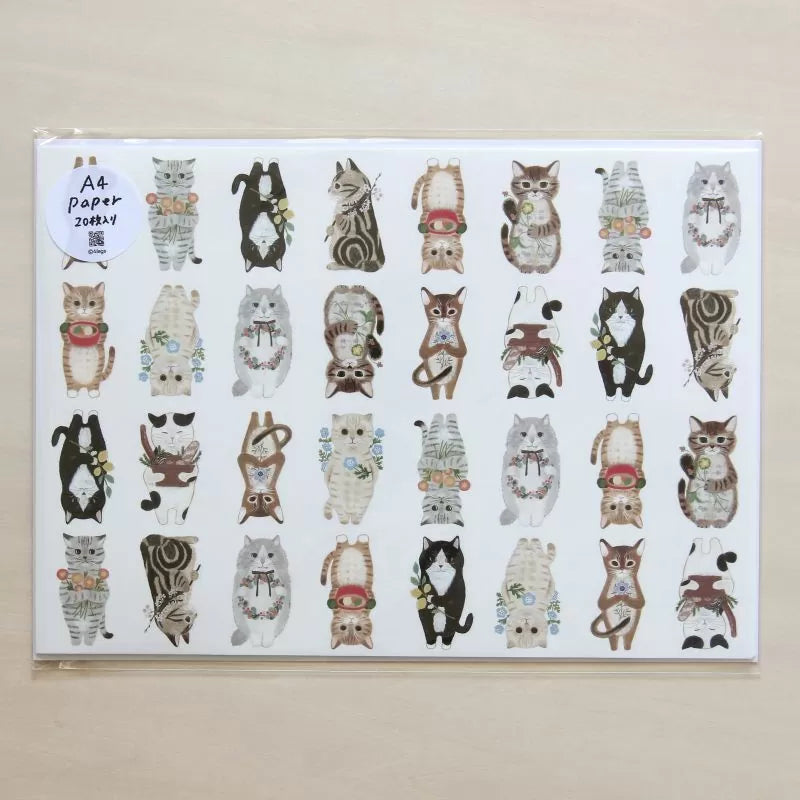 Featuring charming watercolor of different cats from Japanese illustrator 4legs.
This A4 sized paper set includes 20 sheets of paper with the same design featuring over 12 different cat drawings. Perfect to use as wrapping paper, making small bags, or using it as a book cover.
Contents: 20 sheets
Size: A4 size (210×297mm)
Paper type/thickness: About the thickness of copy paper