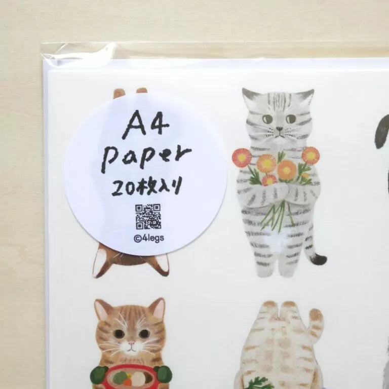 Featuring charming watercolor of different cats from Japanese illustrator 4legs.
This A4 sized paper set includes 20 sheets of paper with the same design featuring over 12 different cat drawings. Perfect to use as wrapping paper, making small bags, or using it as a book cover.
Contents: 20 sheets
Size: A4 size (210×297mm)
Paper type/thickness: About the thickness of copy paper