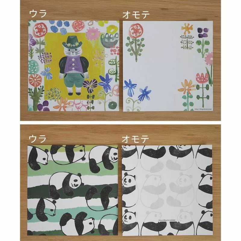 Two sets of stationery items with floral and panda designs on a wooden background.