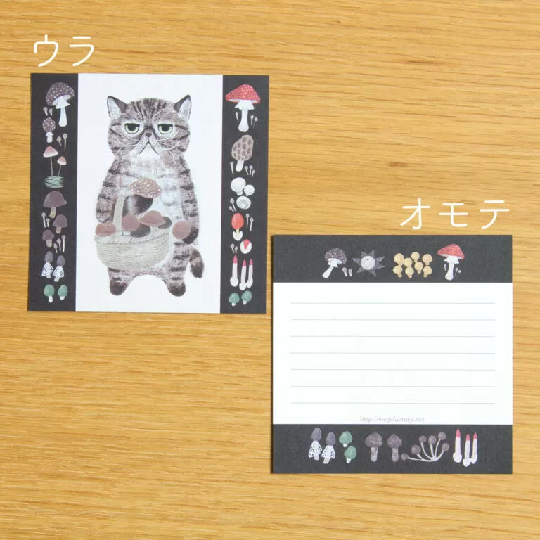 Featuring charming watercolor of a cat holding a basket of mushrooms from Japanese illustrator 4legs
It is a convenient size that is not too big or too small. Please use it as a communication tool for small thank you and announcements. There are no lines on the front side, so you can use it freely as a shop card or business card with stamps and stickers as well as memos and letters. It is a great gift for people who like paper. The gorgeous and gentle designs&nb