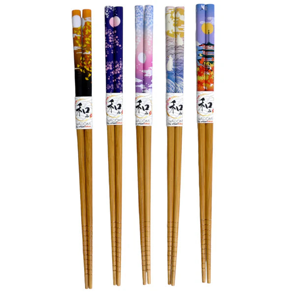 This set includes 5 sets of chopsticks with a red floral pattern inside a gift box.
Material: Bamboo
Size: 9"L
Origin: China