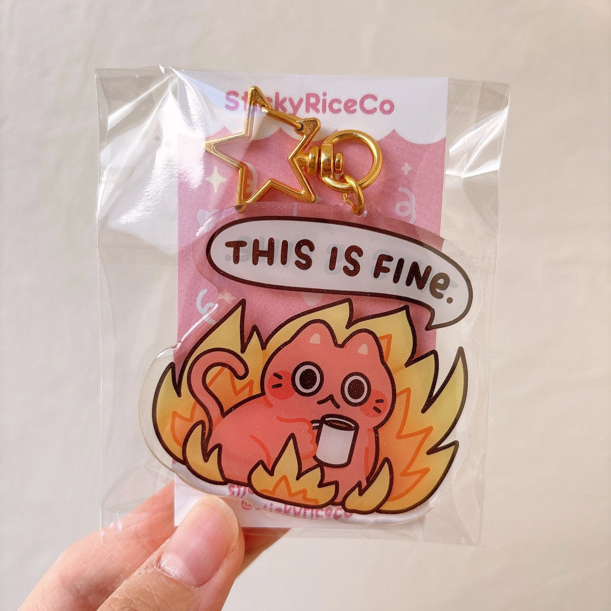 This Is Fine Cat Glitter Keychain