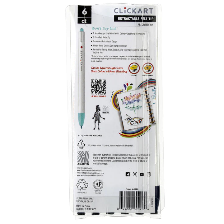 Clickart Retractable Felt Tip Marker 6-Pack - Deep Sea