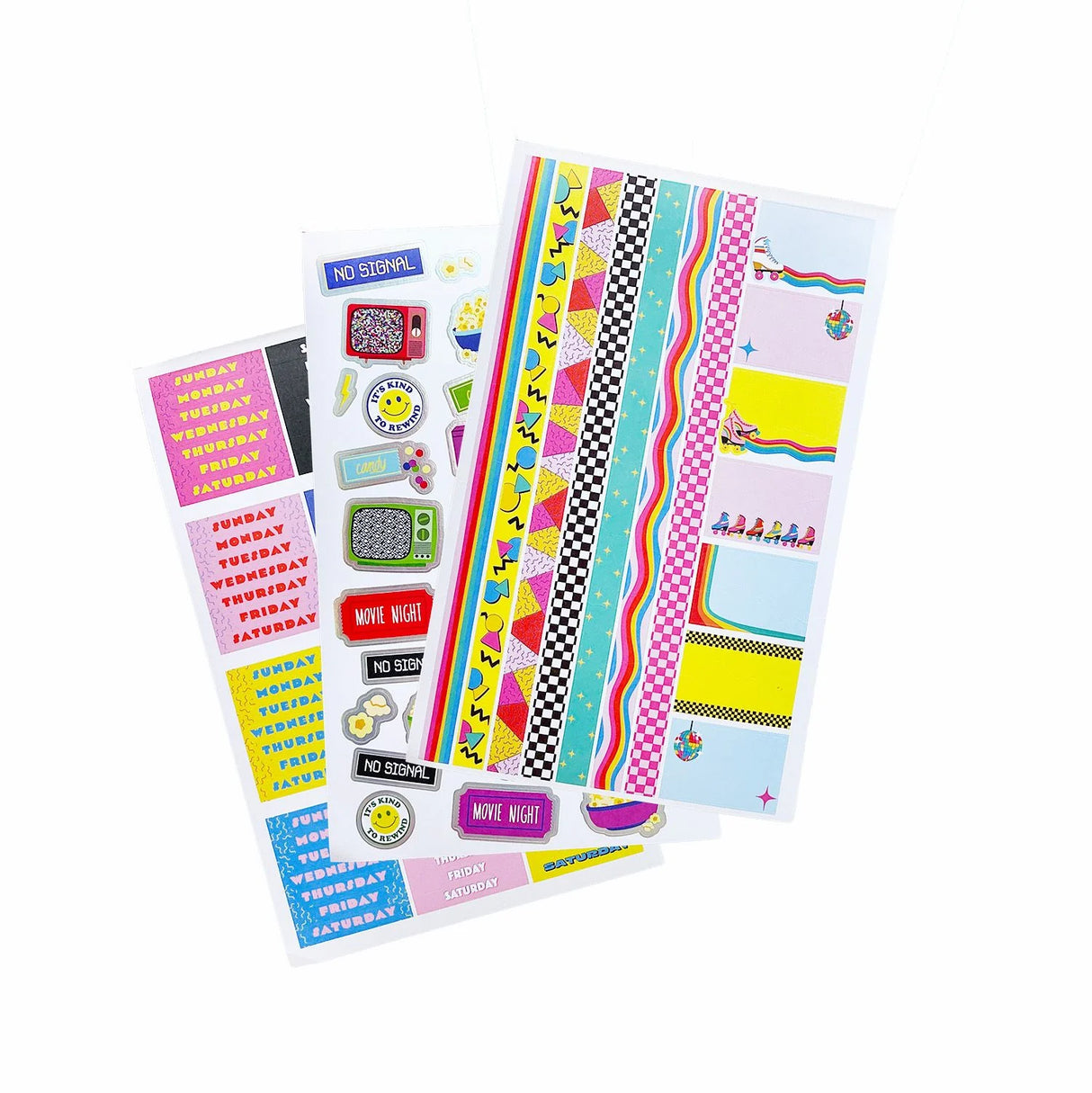 Revel in the glory day of 8-bit graphics and mall food courts with this MEGA HAUL of 80's-themed planner stickers.
With 30 of fun and FUNctional stickers, this book will help you embrace your inner 80's child to get organized, stay on top of your to-dos, and track your habit goals. The boadcious bright colors, nostalgic references, and super fresh patterns will have you mentally singing your favorite monster ballad as you plaster these stickers all over your planner, bullet journal, and notebooks!