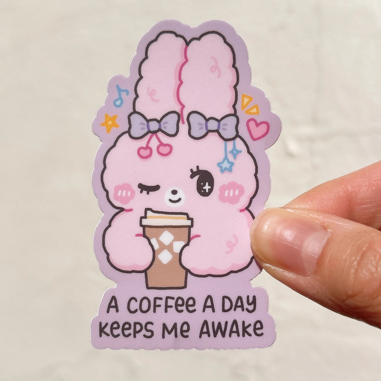 StickyRiceCo Vinyl Sticker - A Coffee A Day Keeps Me Awake Fluffy Bunny