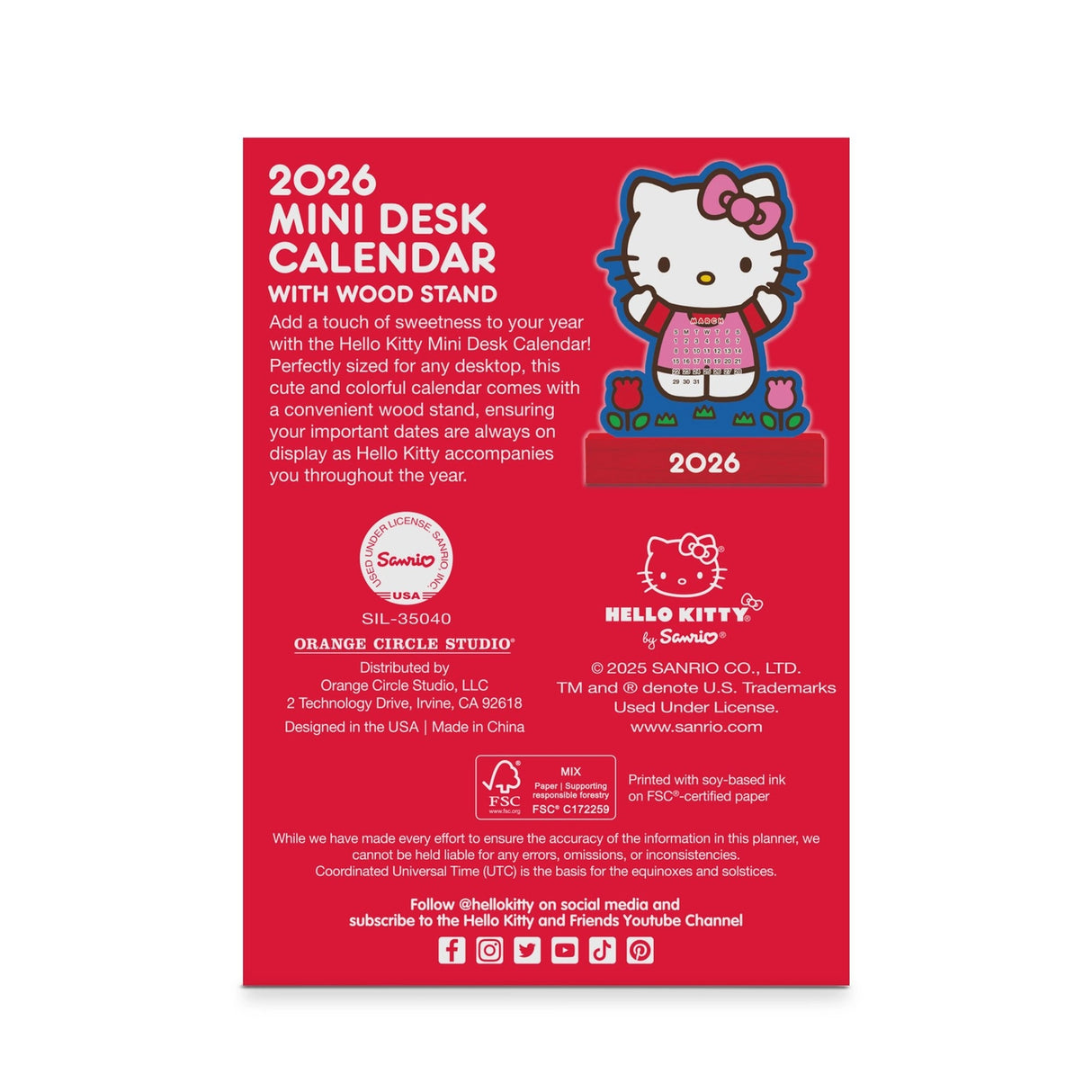 2026 Hello Kitty Playful Pink Mini Desk Calendar with Wood