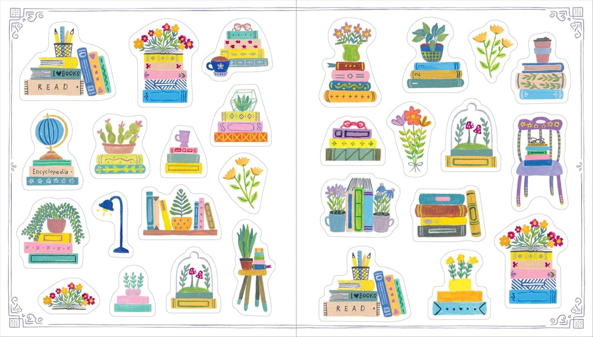 A collection of 400+ beautifully illustrated stickers that will delight bookworms.
Celebrate the joy of reading with this special collection of 500+ book-themed stickers, each one a tiny treasure and visual ode to the transformative power of books. The stickers within are thoughtfully hand-painted and designed to speak right to a book lovers heart: There are cozy shelves overflowing with carefully stacked books and potted plants; quaint bookstore facades that beckon readers inside with their artful and abu
