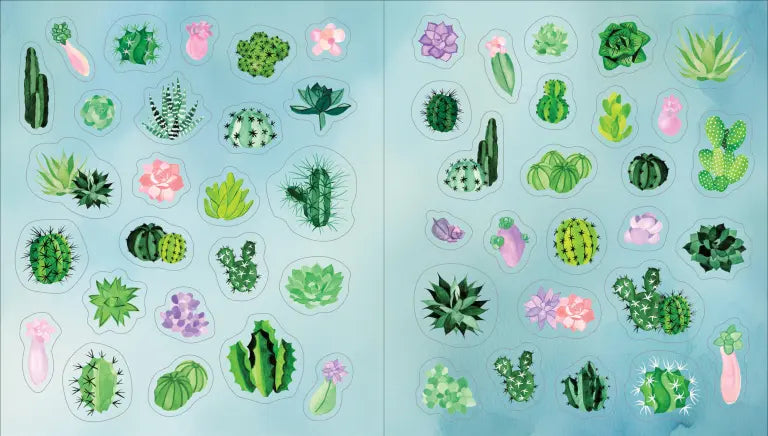 A collection of 675+ beautifully illustrated stickers for every plant enthusiast.
Immerse yourself in the world of plants with this stunning collection of hand-painted stickers, each one a loving ode to the greenery all around us. Potted houseplants add coziness to a sunny windowsill; prickly cacti adorn a warm desert landscape; ladybugs and tulips hide among an inviting garden oasis; tiny terraria perch on a wooden shelf; and much more.
Every sticker is a small work of art, meant to inspire creativity an