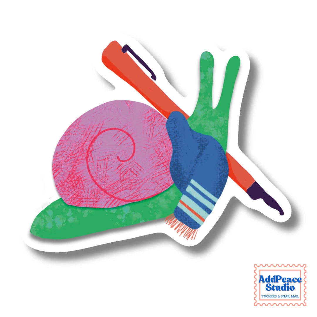 AddPeace Studio - Writing Snail Vinyl Sticker
This illustrated sticker features a snail wrapped in a scarf and holding a fountain pen, fully in its element. Thoughtful, creative, and a little poetic, it’s made for anyone who feels at home with pen in hand and ideas waiting to be written.
Details:
Size: 2.5"
Material: Waterproof, scratch-resistant matte vinyl
Made in USA, original artwork by AddPeace Studio