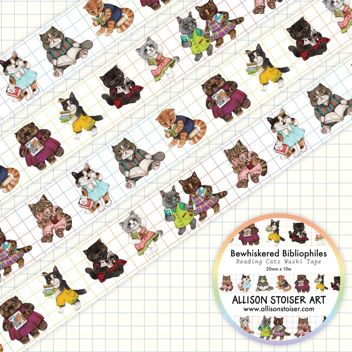 Allison Stoiser Art - Bewhiskered Bibliophiles Reading Cats Washi Tape
This washi tape features a roster of reading cats, complete with their favorite books!
This washi tape roll measures 20mm x 10m.