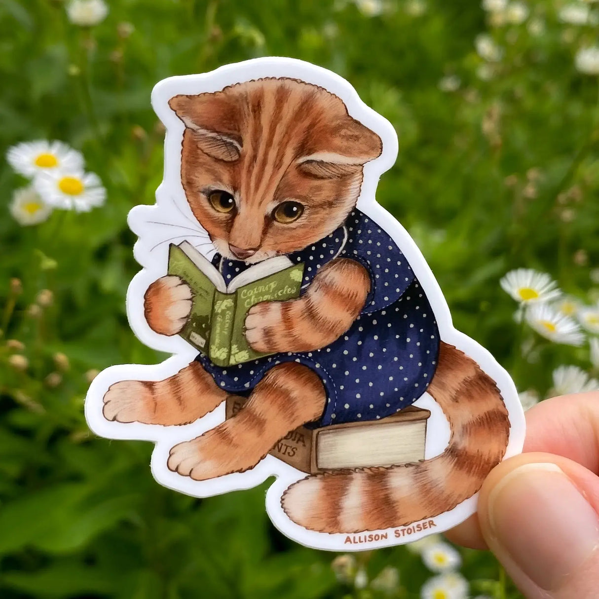 This orange tabby cat is completely immersed in the fantastical world of the Catnip Chronicles!
This 2.5" die-cut gloss vinyl sticker is durable, weatherproof, and perfect for water bottles, notebooks, laptops, bikes, and all sorts of other surfaces! Make sure to clean and dry the surface thoroughly before applying.