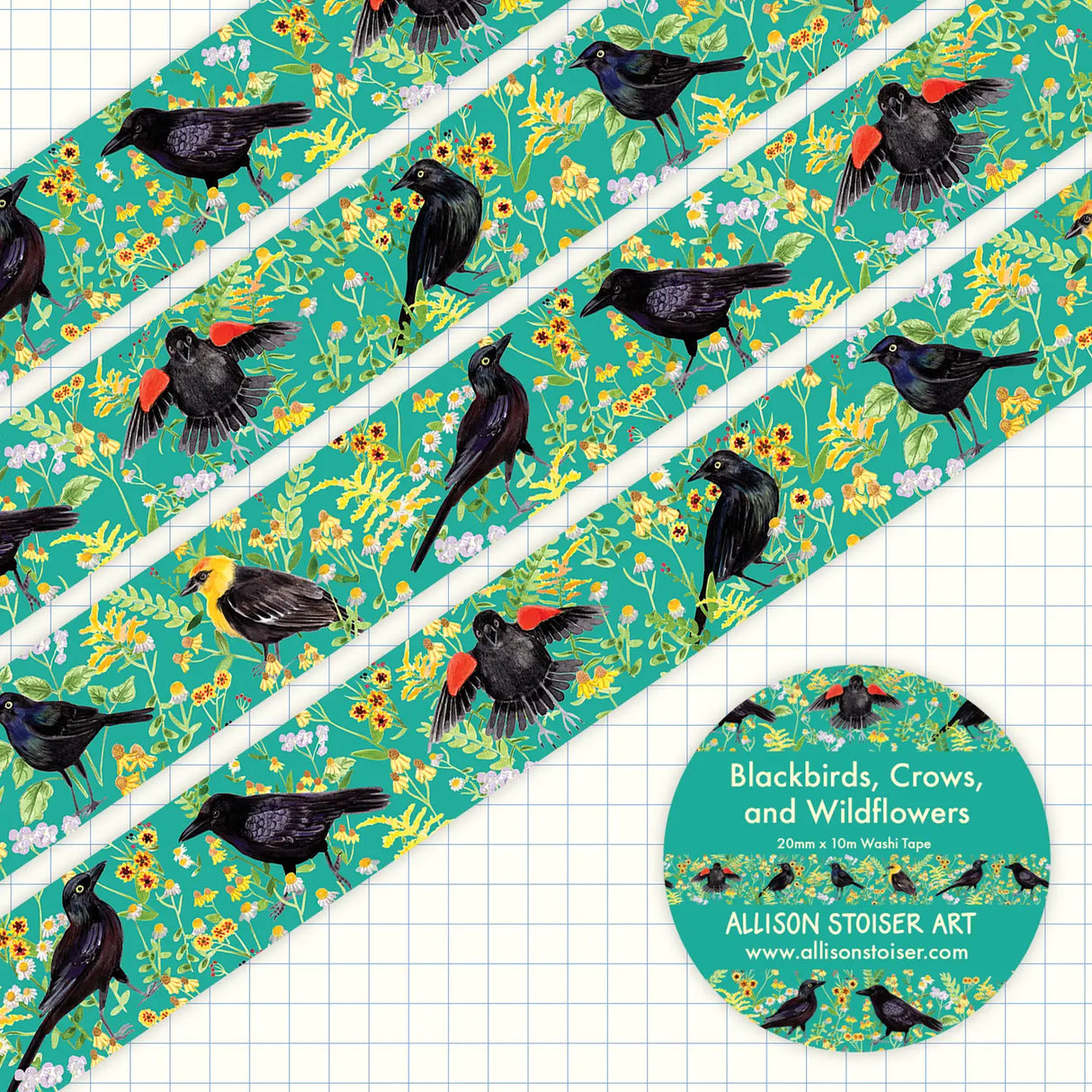 This washi tape features a pattern of my blackbirds and crow illustrations with wildflower accents.
This washi tape roll measures 20mm x 10m.