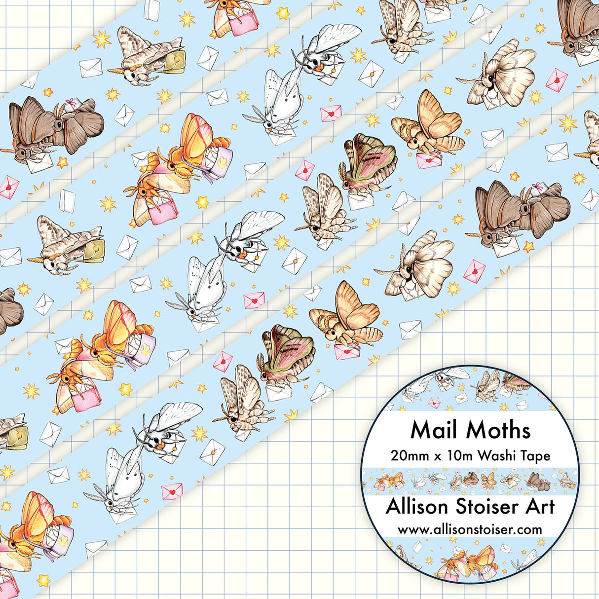 A special delivery from some adorable mail moths!
This washi tape roll measures 20mm x 10m.