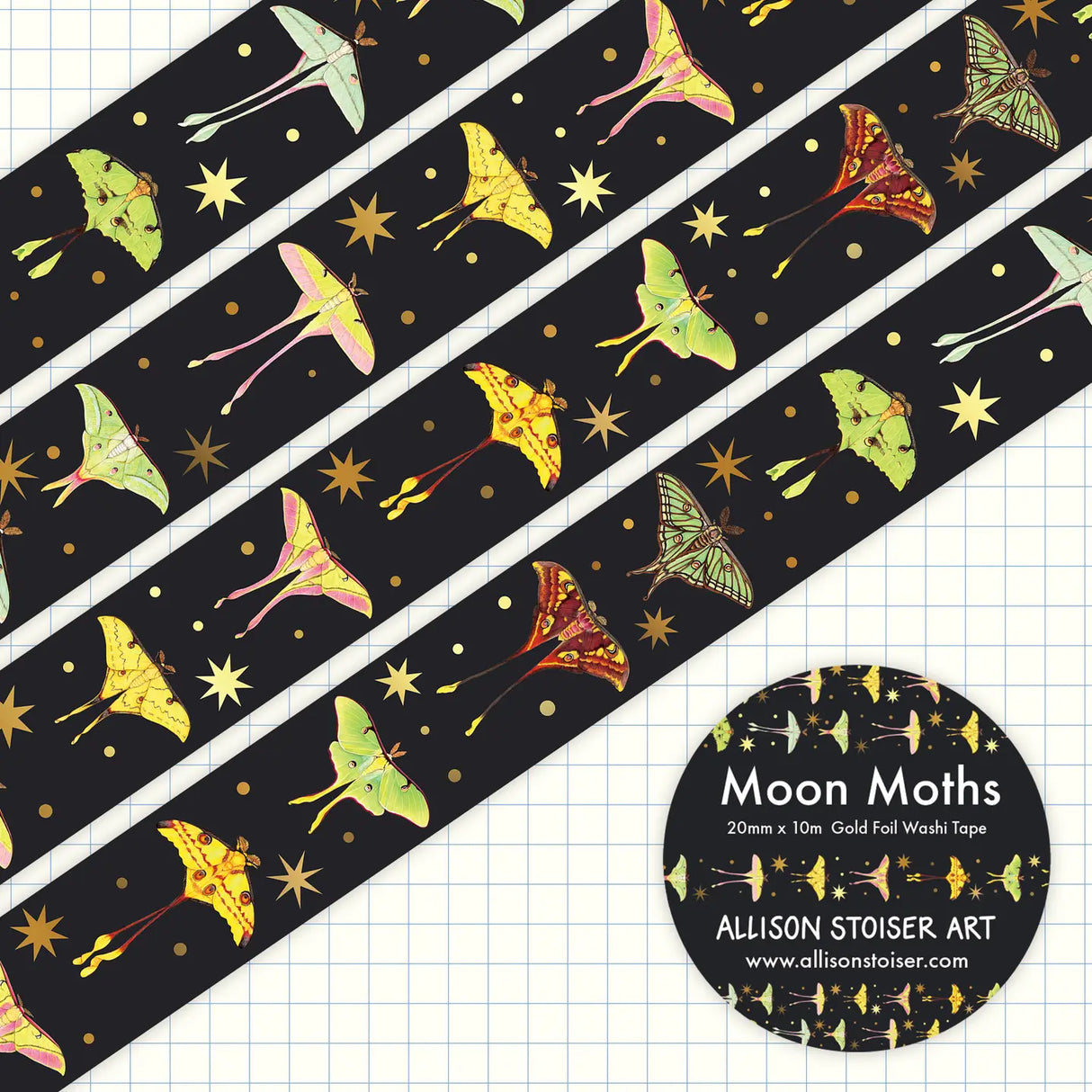 This gold foil washi tape features my illustrations of a selection of moon moths from around the world, including the celestial moon moth, the Spanish moon moth, the comet moth, the pink spirit moth, the luna moth, the South China moon moth, the African moon moth, the Sulawesi moon moth, the Indian moon moth, and the Chinese moon moth.