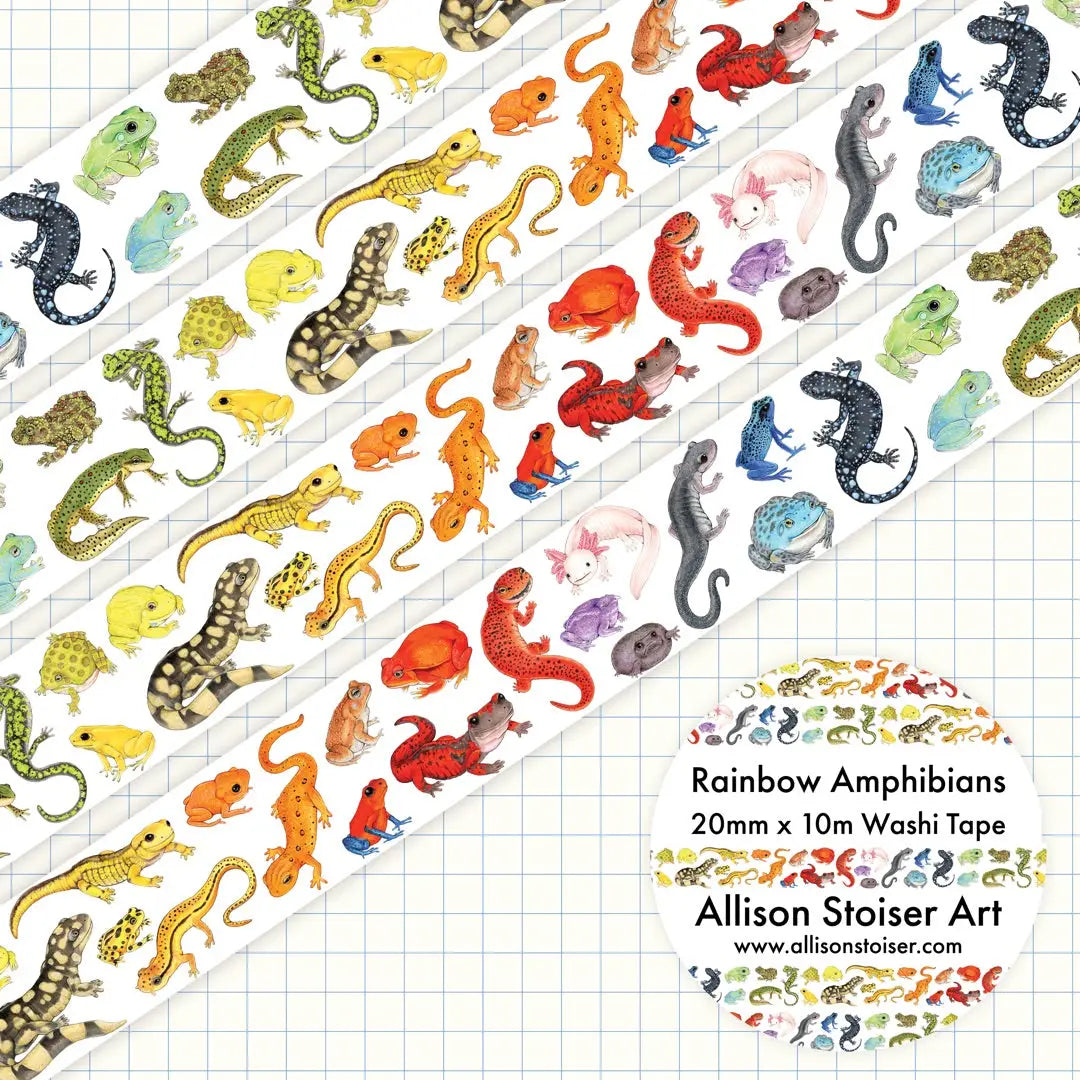 This washi tape features a series of my illustrations of colorful amphibians. You’ll find everything from dart frogs to toads, to axolotls to news and salamanders!