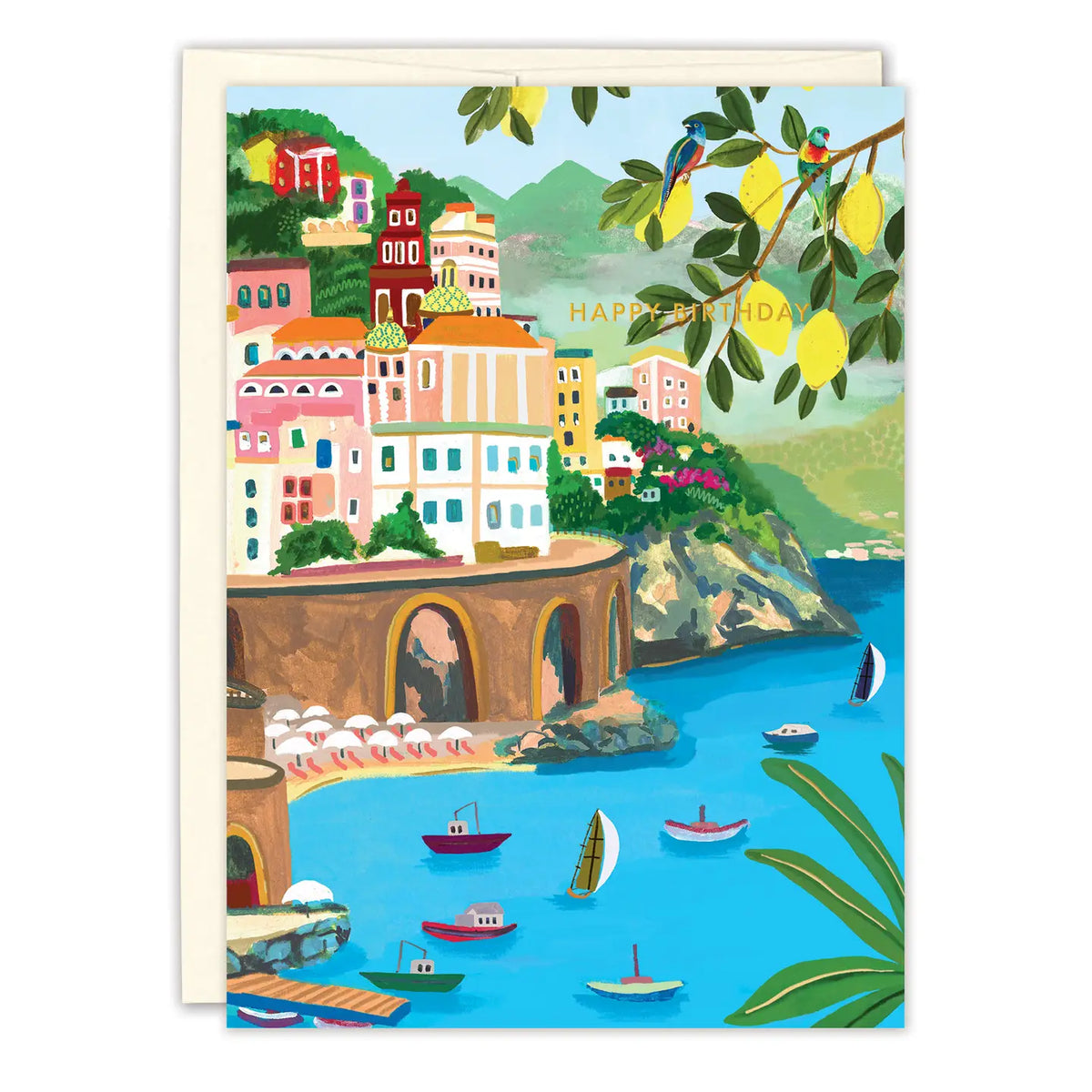 Amalfi Coast Birthday Card
Inside verse: Bright wishes for a wonderful year
• Gold foil details
• Illustrated by Hebe Studio
• Pre-priced
• Size: A6, 4.5" x 6.25"
• Paired with a kraft envelope
• Printed in the USA on beautiful FSC-certified 10% post-consumer waste recycled paper.
• Eco-friendly, 100% recyclable
• Plastic-free packaging
About The Artist: Rhi James, the artist behind Hebe Studio, is a UK designer living in Perth, Australia. Created from Rhi’s love of travel, her designs are based on her a