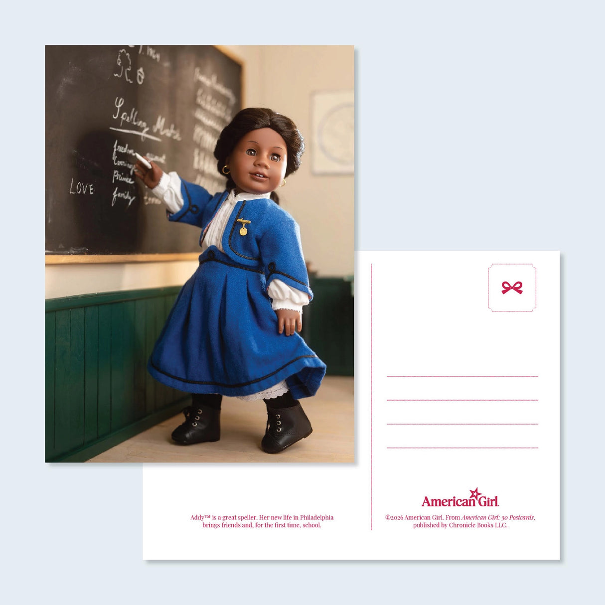 Celebrate American Girl®! This officially licensed postcard set features charming photographs of the iconic Historical Character dolls and their many adventures.
For generations, American Girl® has fostered empathy and imagination in every story. Perfect for sending to a friend or displaying on your wall or desk as an art print, these charming postcards feature delightful photos of American Girl® favorites: Samantha Parkington™, Kit Kittredge™, Molly McIntire™, Kirsten Larson™, Josefina Montoya™, Addy Walk