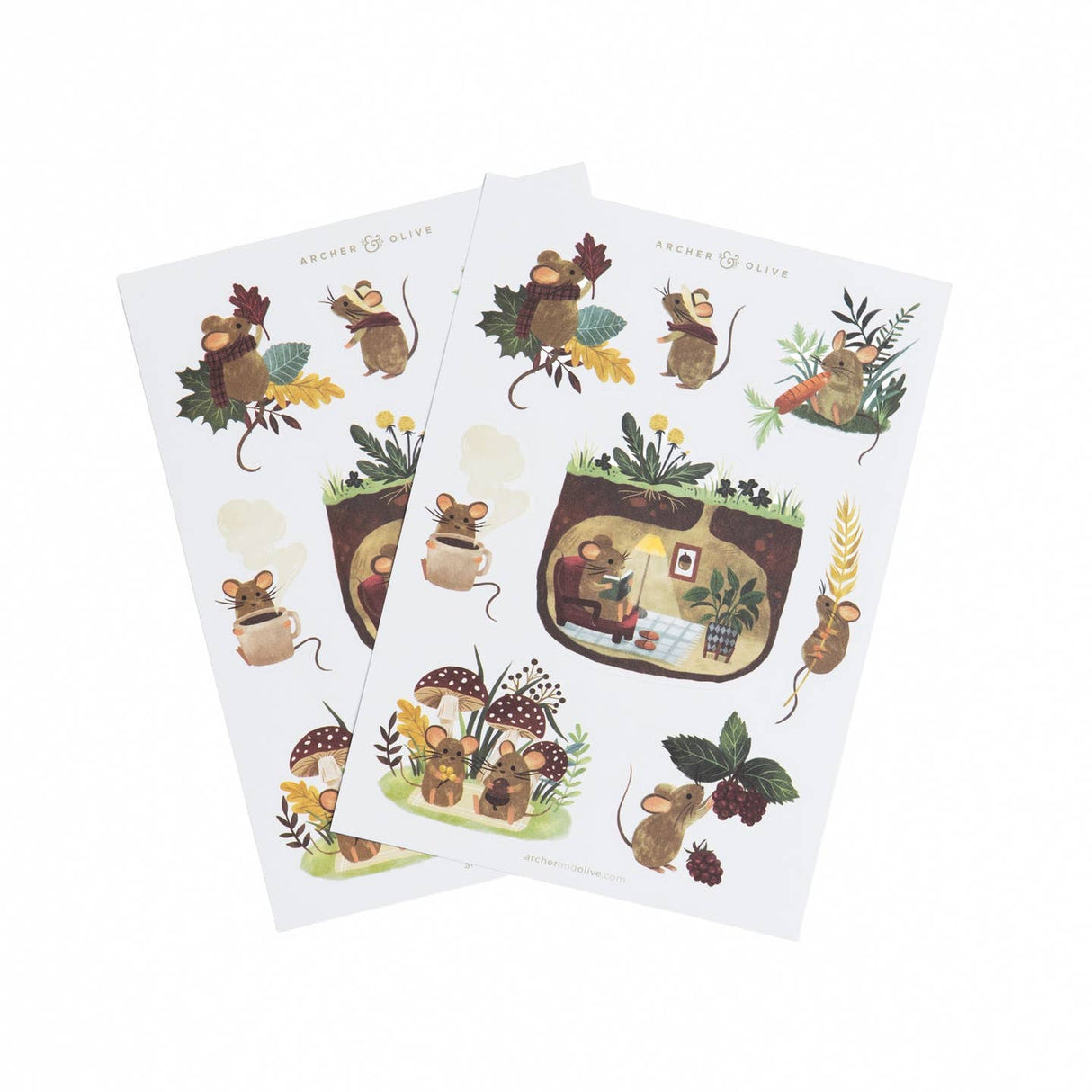 Two sheets of decorative paper with mouse illustrations and nature elements on a white background.