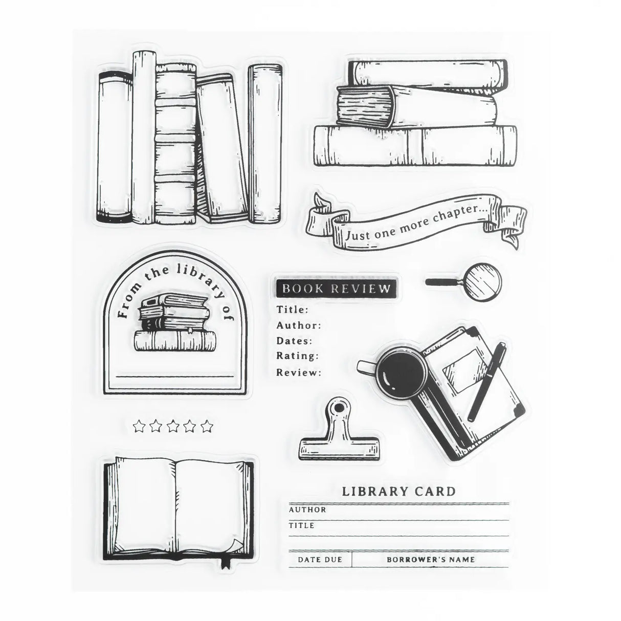 A charming clear stamp set designed for readers, writers, and book lovers. Featuring stacks of books, library cards, rating stars, review templates, and cozy reading-themed icons, this set brings a nostalgic, literary touch to journaling and planning pages.
Specs & Details:
Stamp Type: Clear, reusable acrylic stamps
Design Theme: Books, library labels, book reviews, reading trackers, literary accents
Material: High-quality photopolymer
Use: Ideal for reading journals, planners, book reviews, and