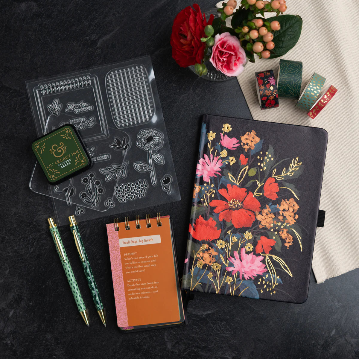 Nurture your creativity with the Flourish Self Care Box, a beautifully curated collection designed with mental wellness in mind. Designed with intention, this box brings together everything you need to begin (or return to) a meaningful creative practice.
Inside you will find:
A5 Bloom & Grow Notebook: featuring a full cover printed abstract floral design, hand stamped with gold foil accents on a vegan leather cover.
Writing Set: including a 0.5mm Ballpoint Pen and Mechanical Pencil with Eraser, both emb