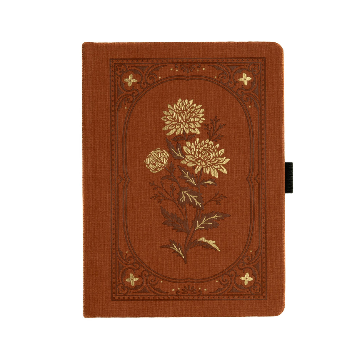 A celebration of stillness, beauty, and the shift in seasons. The Chrysanthemum Notebook features a warm rust-toned vegan leather cover, intricately debossed and accented with radiant gold foil. Inspired by late-blooming florals, this design invites reflection, creativity, and calm.