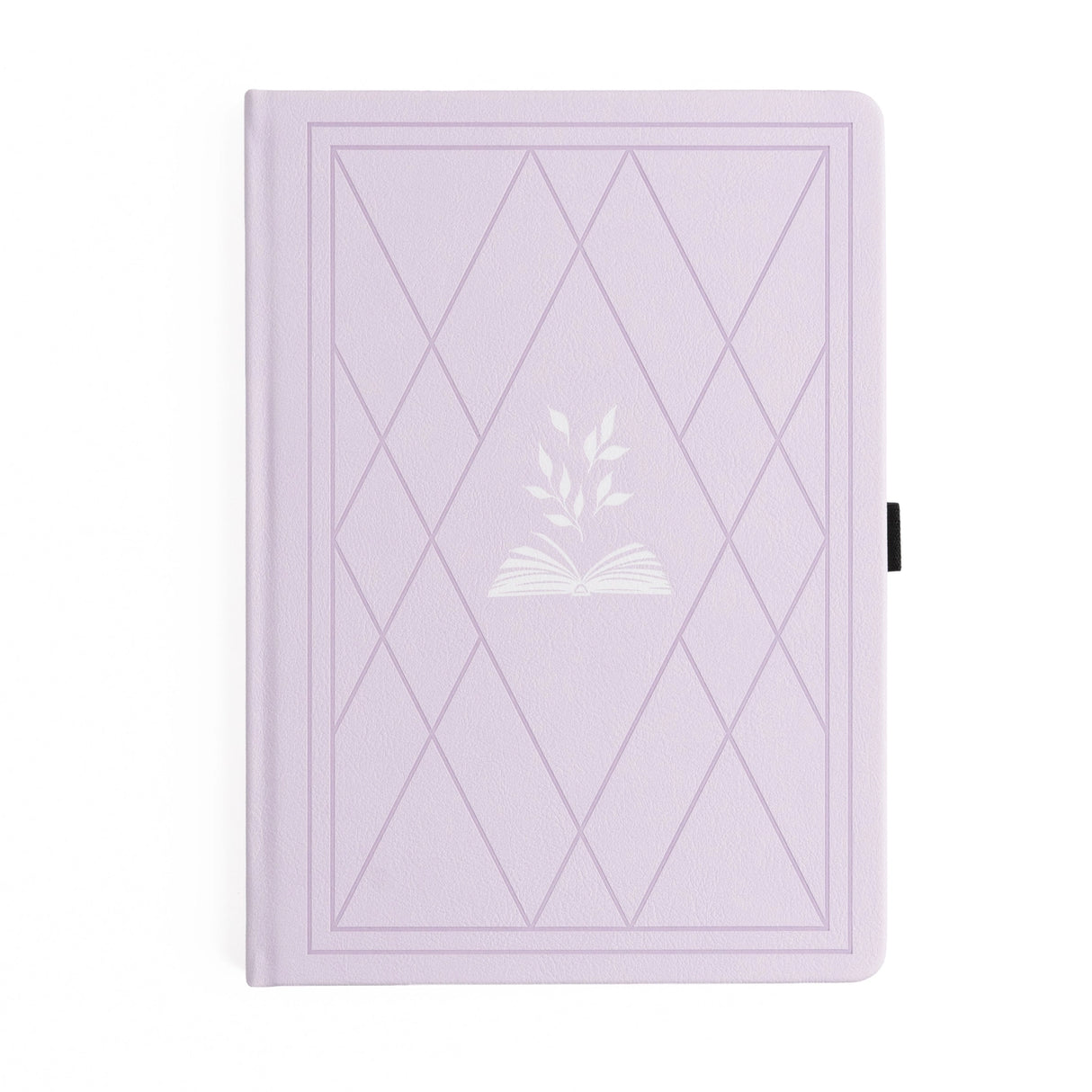 A dreamy Reading Journal in gentle lilac vegan leather, inspired by classic library bindings. Subtle geometric embossing frames a delicate open-book motif, creating a clean, elegant design that appeals to book lovers, writers, and everyday creatives.