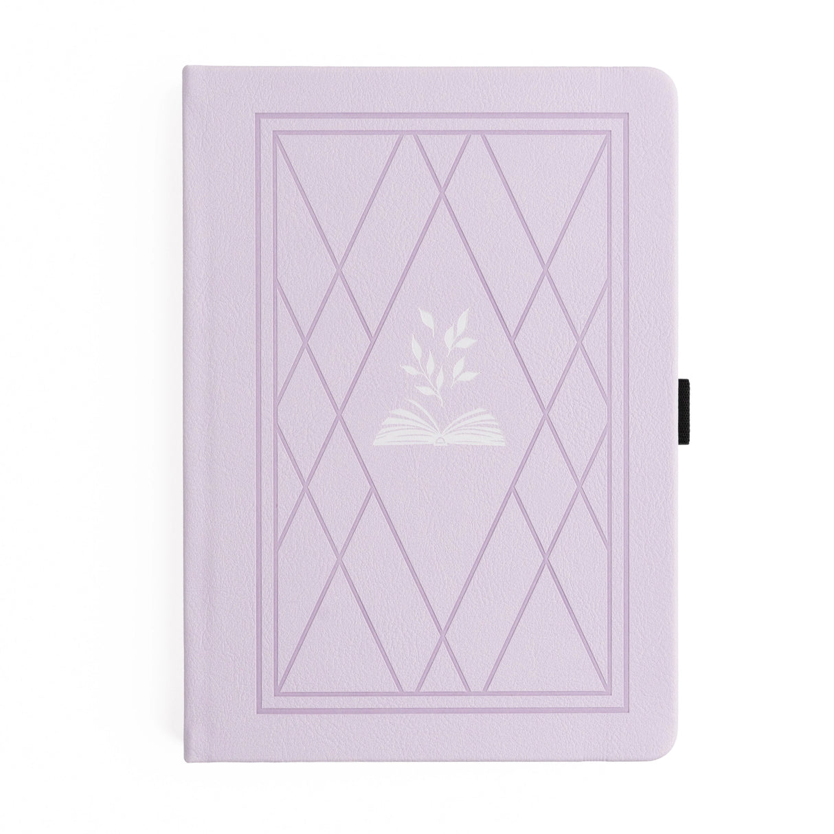 A dreamy Reading Journal in gentle lilac vegan leather, inspired by classic library bindings. Subtle geometric embossing frames a delicate open-book motif, creating a clean, elegant design that appeals to book lovers, writers, and everyday creatives.