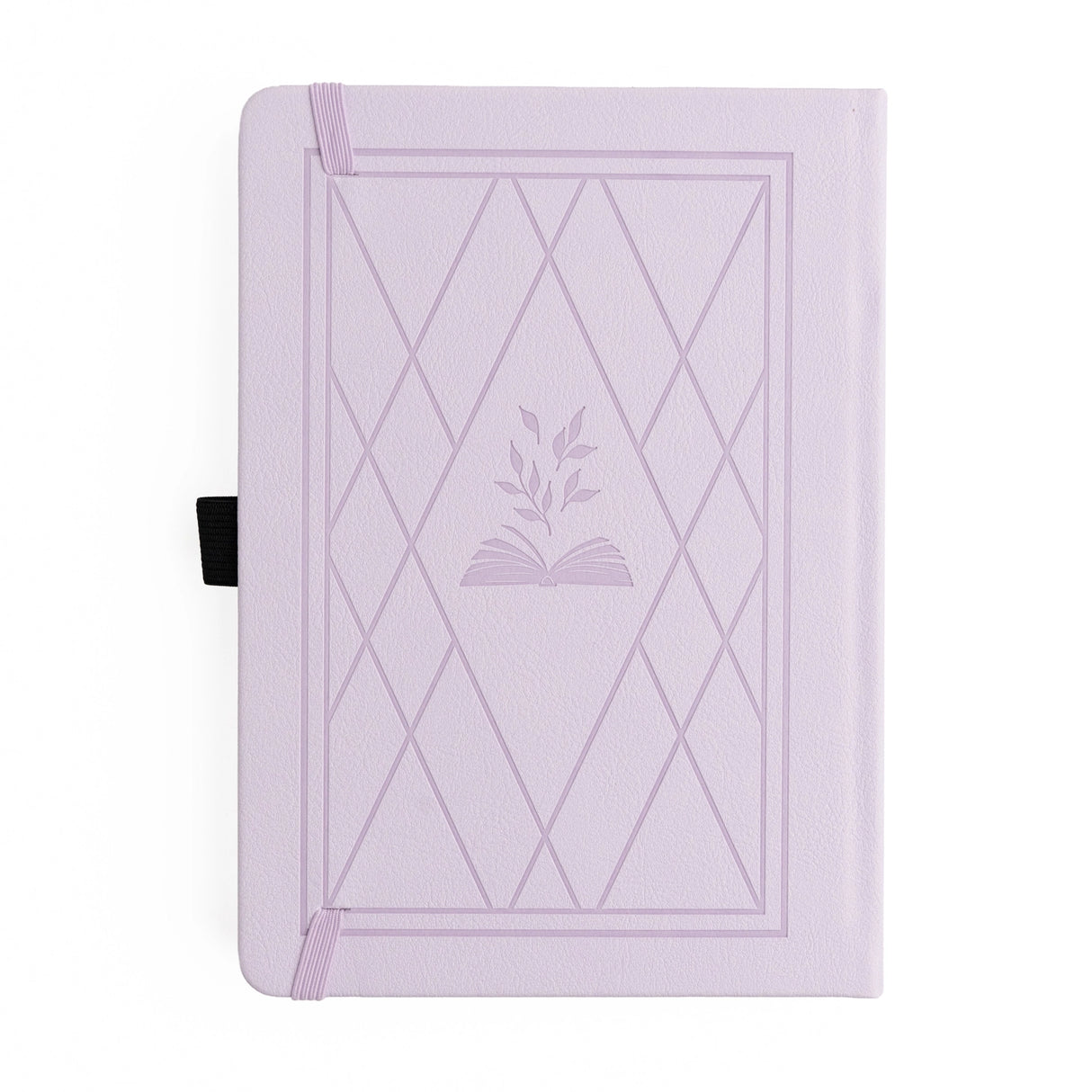A dreamy Reading Journal in gentle lilac vegan leather, inspired by classic library bindings. Subtle geometric embossing frames a delicate open-book motif, creating a clean, elegant design that appeals to book lovers, writers, and everyday creatives.