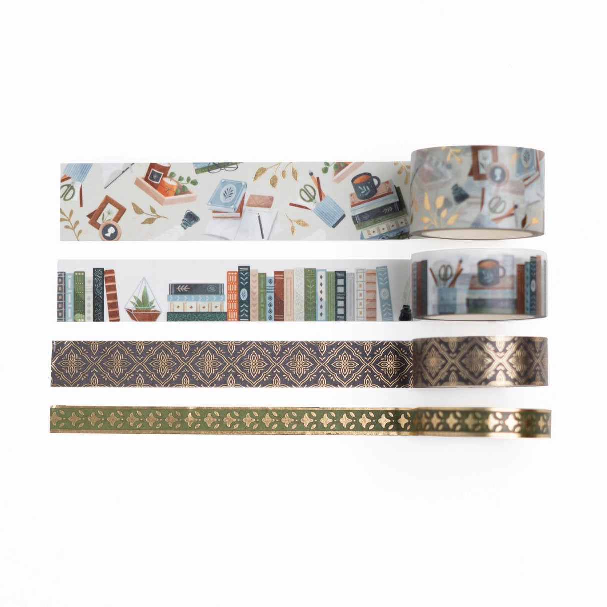 This set of 4 Storybook Washi Tapes is inspired by the joy of learning and discovering the old and the new.
This set includes two library themed rolls of washi tape and two vintage foiled washi rolls with designs reminiscent of classic treasured books and stories.