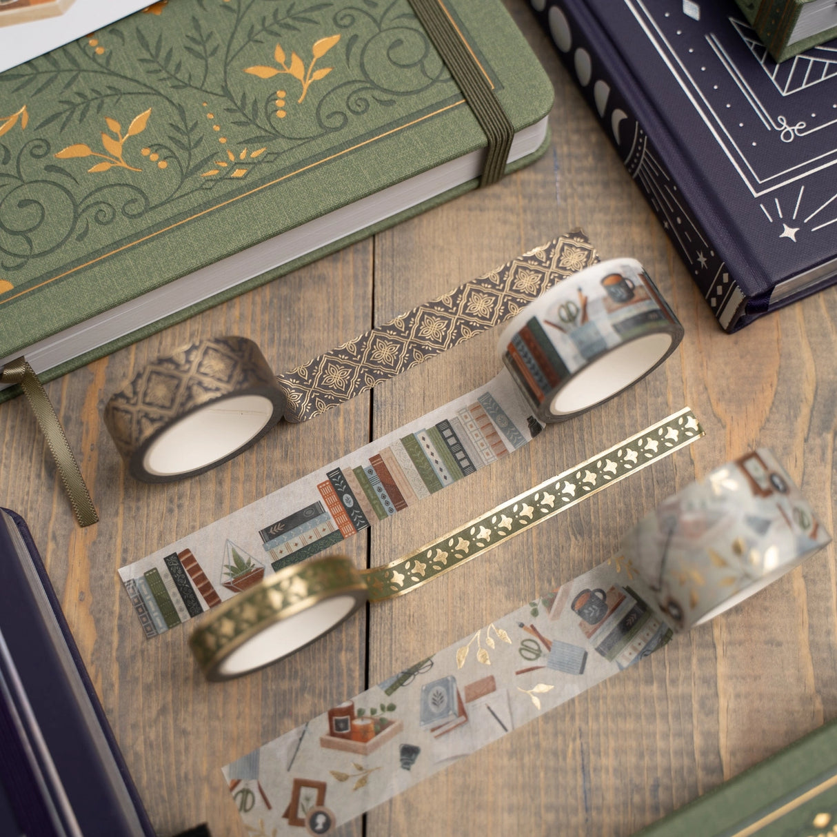 This set of 4 Storybook Washi Tapes is inspired by the joy of learning and discovering the old and the new.
This set includes two library themed rolls of washi tape and two vintage foiled washi rolls with designs reminiscent of classic treasured books and stories.