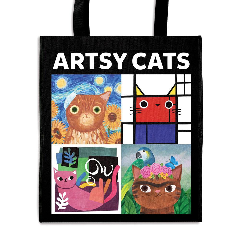 The Artsy Cats Reusable Shopping Bag from Mudpuppy features 4 adorable cat portraits inspired by famous artists: Henri Catisse, Frida Catlo, Vincat van Gogh, and Piet Meowdrian. This tote is a great low-price alternative to single-use plastic bags.