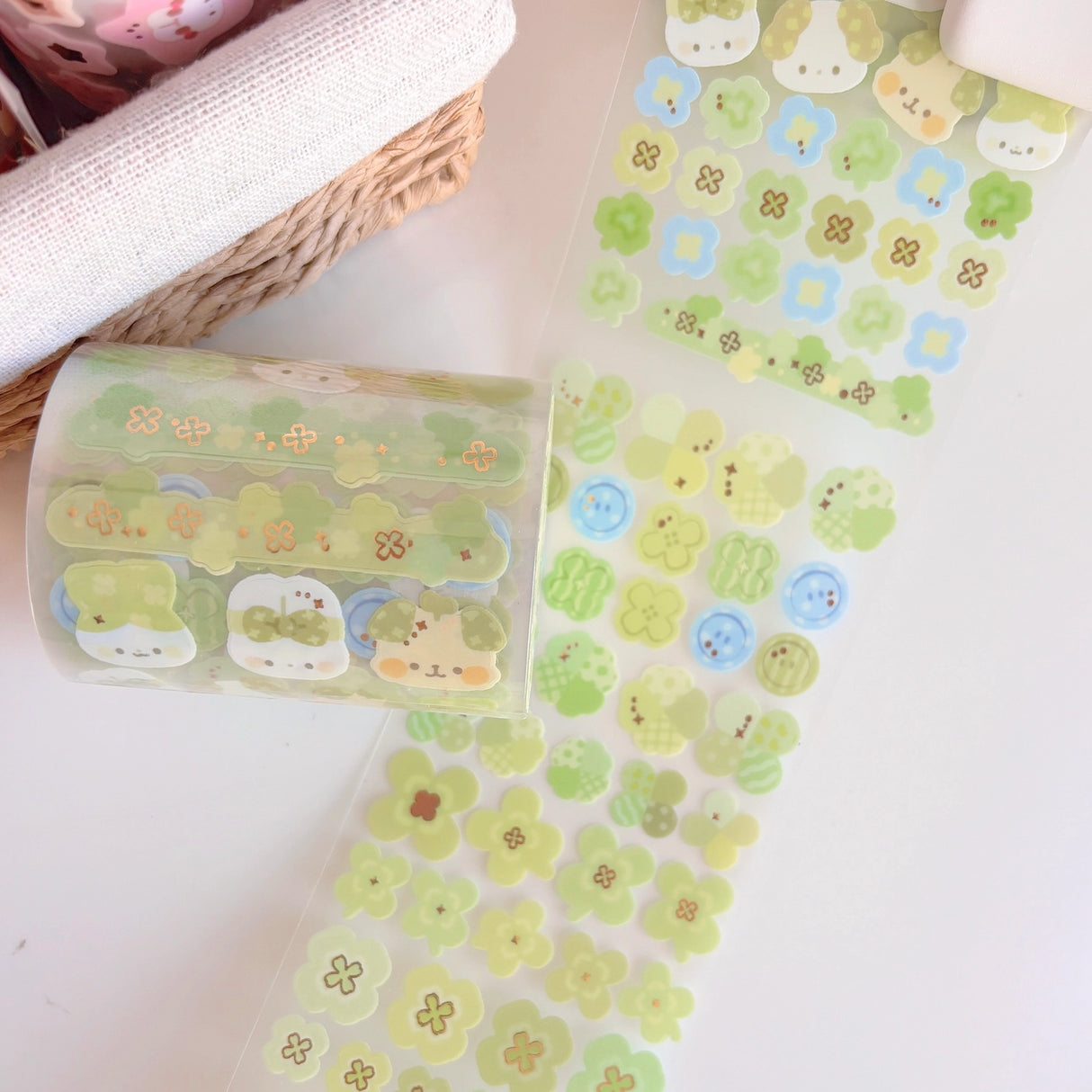Add endless charm to your creative projects with this Large Sticker Roll — a journaling essential designed for versatility and fun!
Measuring 70mm wide and 5 meters long, each roll is packed with beautifully illustrated stickers printed on a frosted clear matte material that blends seamlessly into any spread, planner, or scrapbook page.
Whether you’re highlighting daily moments, decorating your bullet journal, or personalizing penpal letters, these rolls offer both variety and volume. Each design features