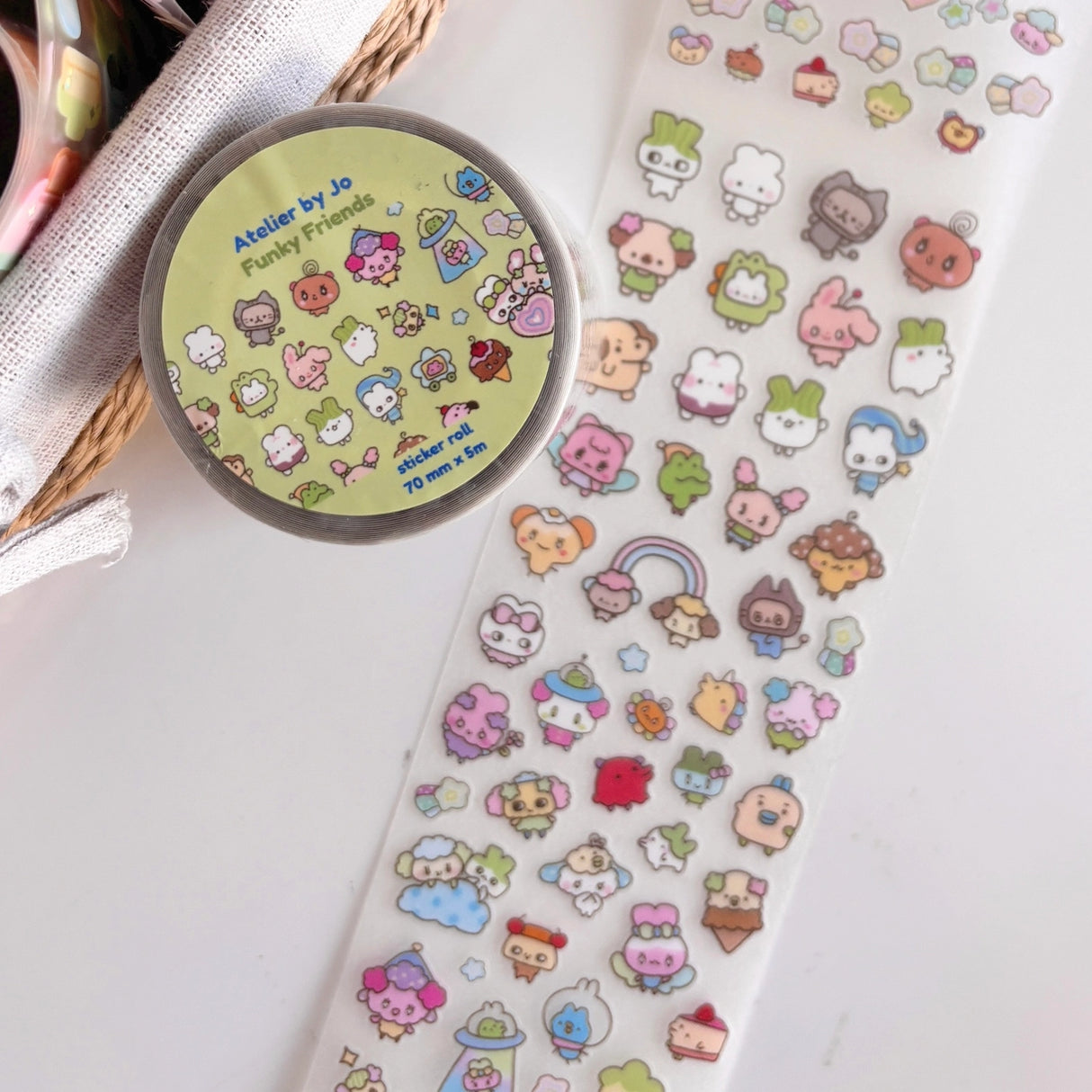 Add endless charm to your creative projects with this Large Sticker Roll — a journaling essential designed for versatility and fun!
Measuring 70mm wide and 5 meters long, each roll is packed with beautifully illustrated stickers printed on a frosted clear matte material that blends seamlessly into any spread, planner, or scrapbook page.
Whether you’re highlighting daily moments, decorating your bullet journal, or personalizing penpal letters, these rolls offer both variety and volume. Each design features