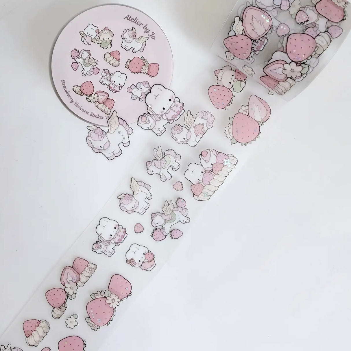 New sticker rolls designs have arrived! Choose between a sweet strawberry and cream unicorn design and a character portrait style or get both!
Product details:
45mm x 5m (the pattern is repeated about 15 times on one roll)
Clear Matte with Foil