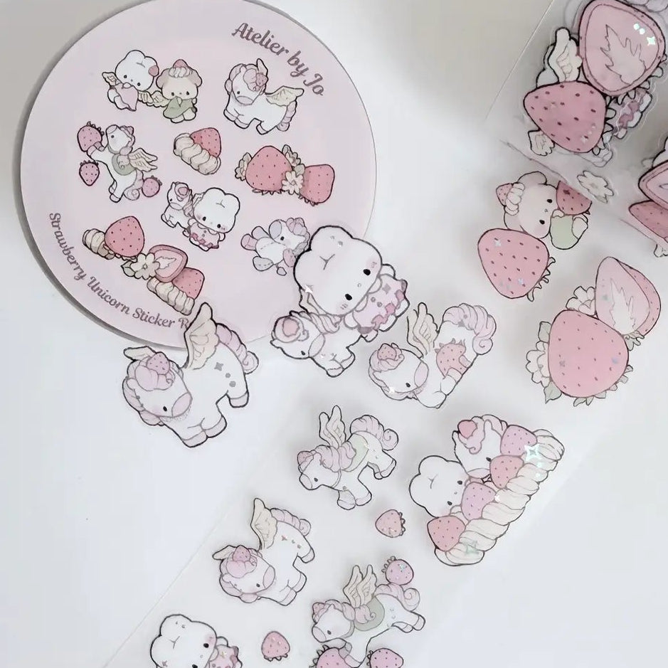 New sticker rolls designs have arrived! Choose between a sweet strawberry and cream unicorn design and a character portrait style or get both!
Product details:
45mm x 5m (the pattern is repeated about 15 times on one roll)
Clear Matte with Foil